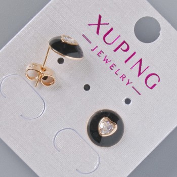 Heart Stud Earrings by Xuping with White Crystal and Black Enamel, 10 mm Diameter, 18K Gold Plating