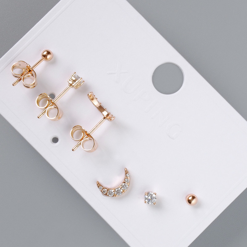 Xuping Stud Earrings (Set of 3 Pairs) with White Crystals, Diameters 9×2.5 mm, 4 mm, 3 mm, 18K Gold Plating