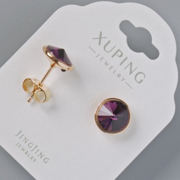 Xuping Stud Earrings with Swarovski Crystals burgundy color, 10 mm diameter, 18K Gold Plating