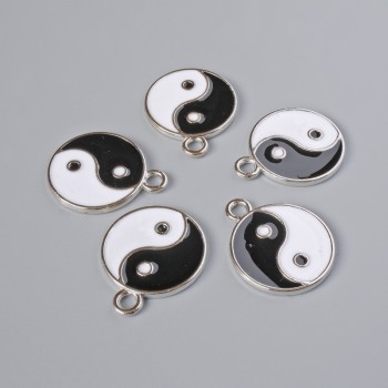 Yin Yang Pendant Hardware, 18 mm diameter, 22 mm length, hole diameter 2.5 mm, set of 5 pieces, silver-colored metal