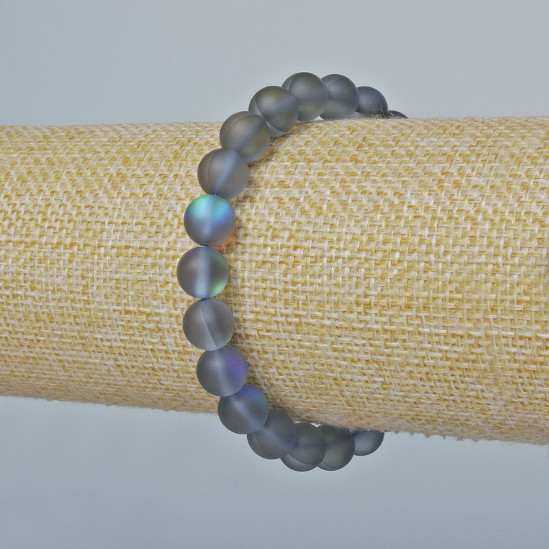 Bracelet with Opal Glass - Smooth Bead, Gray Matte Chameleon, 8 mm diameter, 18 cm length (Stretch)