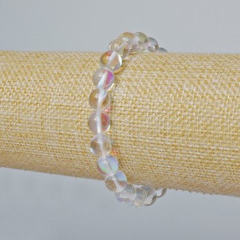 Opal Glass Bracelet with Smooth Beads, White Transparent Chameleon Color, 8 mm Diameter, 18 cm Length (Stretch)