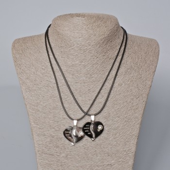 Pair of Heart Pendants with Black Enamel, Silver-Colored Metal and White Crystal 27x28 mm +/-, Length 45-50 cm+