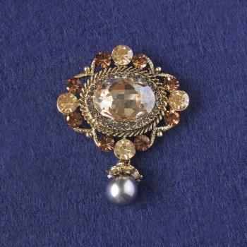 Accent brooch-pendant with yellow crystals and rhinestones, gray bead, gold-tone metal 48x39mm+