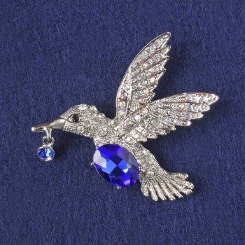 Brooch-Pendant Hummingbird with Blue Crystal, Chameleon Rhinestones, Silver Metal 47x52mm+