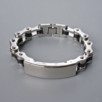 Chain bracelet in silver-tone metal and black rubber, thickness 13.5 mm, length 21 cm +
