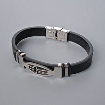 Men's bracelet with metal inlays, length 21 cm, thickness 10 mm ±, inlay thickness 12 mm ±, black eco-leather