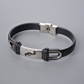 Men's bracelet with metal inserts, length 21 cm, thickness 10.5 mm, insert thickness 11 mm, black eco-leather