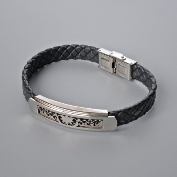 Men's bracelet with metal inserts, length 21 cm, thickness 10 mm +-, insert thickness 12 mm +-, black eco-leather