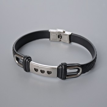 Men's bracelet with metal inlays, length 21 cm, thickness 10 mm ±, inlay thickness 11 mm ±, black eco-leather