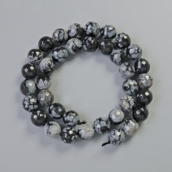 Beads Snowy Obsidian 'Apache Tears' natural stone faceted ball, diameter 10mm±, length 37cm± on thread