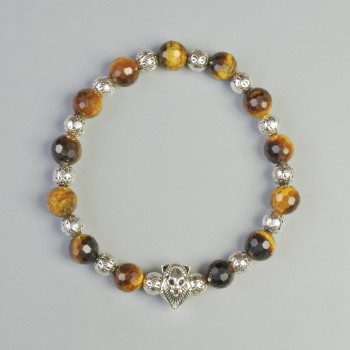 Tiger's Eye Bracelet, Natural Stone, Faceted Bead, 8mm Diameter ± (Stretch), Length 18cm ±, with Metal Inlays