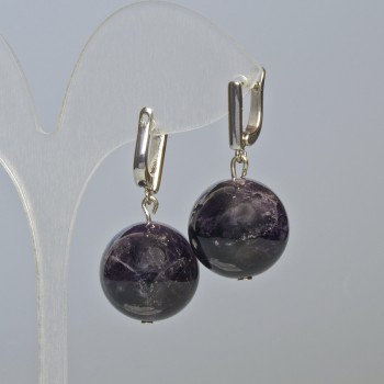 Amethyst Earrings, Natural Stone Smooth Ball, 18 mm Diameter ±, 35 mm Length ±, English Clasp