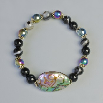 Bracelet with Agate and Hematite, smooth beads, 8 mm in diameter ± (stretch), length 18 cm ±, with Haliotis insert, 29×16 mm ±