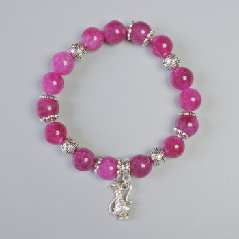 Raspberry Tourmaline Bracelet with a Smooth Bead, 10 mm Diameter +/- (Stretch), Length 18 cm +/- with Metal Inserts