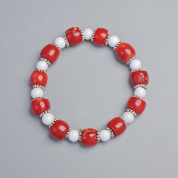 Bracelet with Coral and White Agate, diameter 10x8 mm, 6.5 mm ± (stretch), length 18 cm ± with metal inserts