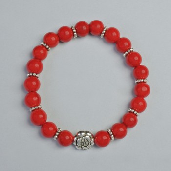 Coral Bracelet (Pressed) Smooth Bead, 8 mm Diameter ± (Stretch), Length 18 cm ± with Metal Inserts