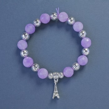 Amethyst Bracelet, 10 mm diameter, 18 cm length, stretch bracelet with Eiffel Tower pendant