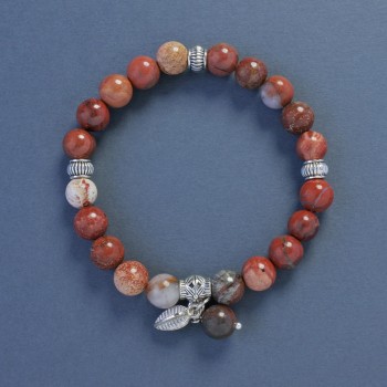 Red Jasper Bracelet with Smooth Bead, 8 mm Diameter ±, 18 cm Length ±, Elastic Stretch with Leaf Pendant