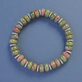 Unakite Jasper Rondel Bracelet, 8x5 mm diameter, 18 cm length, elastic with inserts
