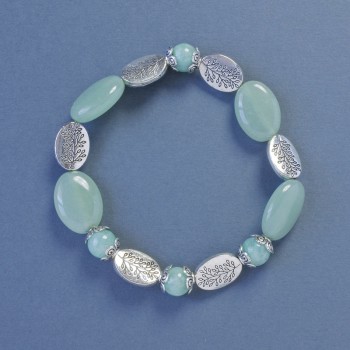Nephrite bracelet with smooth beads, 8 mm diameter, oval inserts, 18×13 mm, length 18 cm, stretch with oval inserts