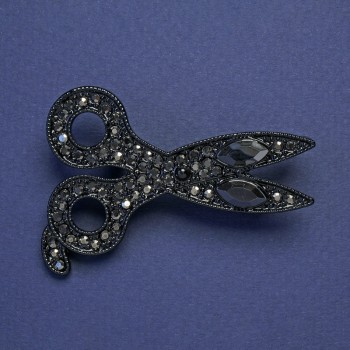Brooch-pendant 'Scissors' with black enamel and crystals, silver-tone metal 54x39mm+
