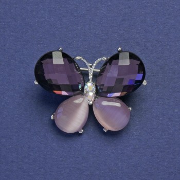 Brooch-pendant Butterfly with purple rhinestones and pink cat's eye, silver-tone metal 22x27mm+