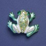 Frog brooch pendant green and white enamel with crystals, petrol-gold metal color, 35x28mm +