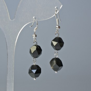 Earrings with Silvery Obsidian, Natural Stone, Faceted, Diameters 10×9 mm and 12×11 mm, Length 4 cm, with ear hooks