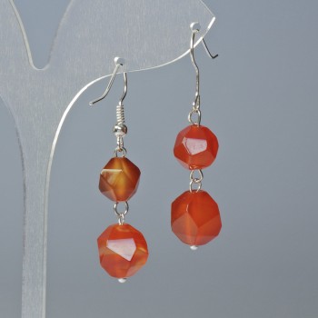 Carnelian Earrings, Natural Stone, Faceted, Diameters 10x9 mm and 12x11 mm, Length approx. 4 cm, with Ear Wire