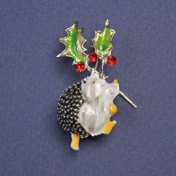 Brooch Hedgehog with Christmas Holly Flower, green and white enamel, metal color: silver, 39x23 mm+