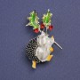 Brooch Hedgehog with Christmas Holly Flower, green and white enamel, metal color: silver, 39x23 mm+