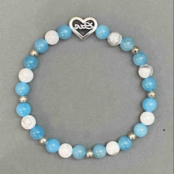 Aquamarine Howlite Bracelet with Heart Insert, 6 mm diameter, 18 cm length, stretch