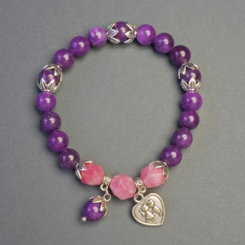 Sugilite and Tourmaline Bracelet with Heart Pendant, 8-9 mm beads, 18 cm length, stretch