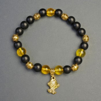 Shungite and Amber Bracelet (Synthetic) with a Goldfish Pendant, 8mm Bead Diameter, 18cm Length, Stretchy