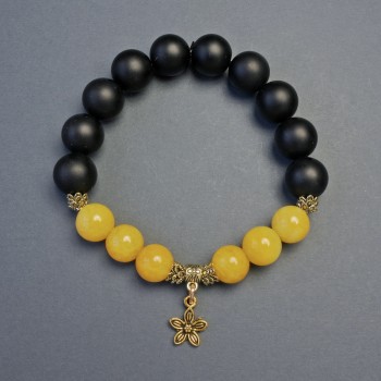 Bracelet Citrine (Imitation) - Smooth Beads, 10mm Diameter; Shungite Smooth Beads, 12mm Diameter ± with Inserts, Length 18cm ± Stretch