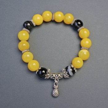 Bracelet with Synthetic Citrine and Agate, Smooth Beads 10 mm, with Inlays, Length 18 cm, on Stretch Cord