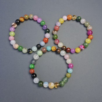 Bracelet with an assortment of stones, smooth beads, 8 mm diameter, 18 cm length, stretch