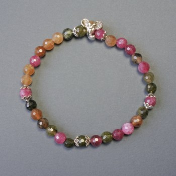 Bracelet Tourmaline Faceted Bead - 6mm - with Metal Inserts - Length 18 cm - Stretch