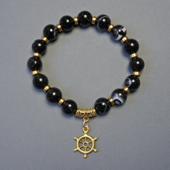 Agate Bracelet with Smooth Beads, 10 mm Diameter; Hematite Discs, 5×2 mm; 18 cm Stretch