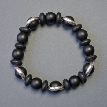 Shungite bracelet with smooth beads, 10 mm diameter and rondels 10×4 mm, 18 cm stretch