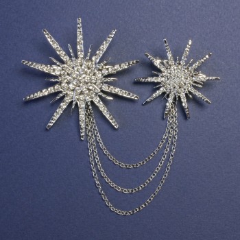 Double Star Brooch with Chain, diameters 55 mm ± and 38 mm ±, with crystals