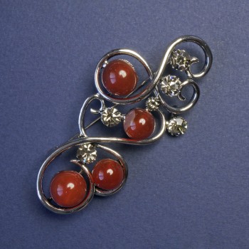 Carnelian brooch with gray rhinestones, metal color "silver" 75x37 mm+