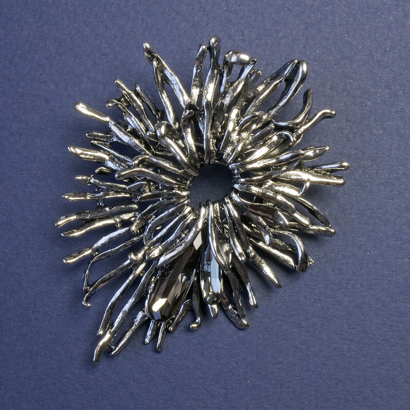 Brooch-pendant Flower with Gray Crystals, Silvery Metal, 70x55 mm+