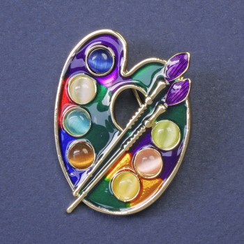 Enamel Palette Brooch in Gold-Tone Metal, 38x29 mm+