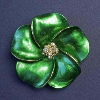 Brooch: Flower with White Crystals, 50×50 mm, Pearlized Green Enamel, Gold-Tone Metal