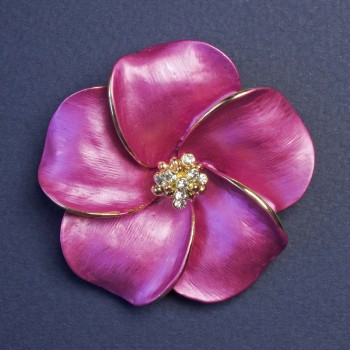Brooch Flower with White Crystals 50x50 mm, pearl pink enamel, golden metal