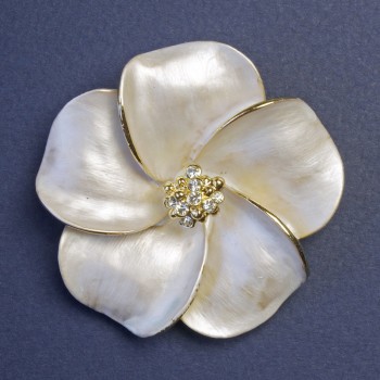 Brooch Flower with White Crystals 50×50 mm, Mother-of-Pearl Enamel, Gold-Tone Metal