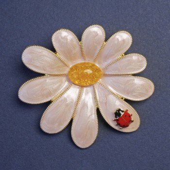 Brooch Flower with 'Ladybug' 56x52 mm, pink and yellow enamel, golden metal