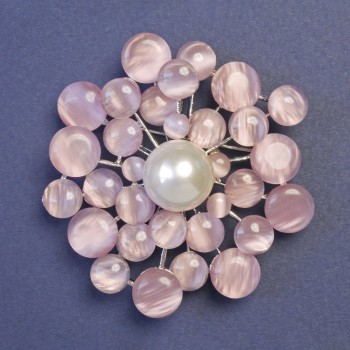 Brooch with pink cat's-eye stone (synthetic) and artificial pearl, 55 x 55 mm, silver-tone metal